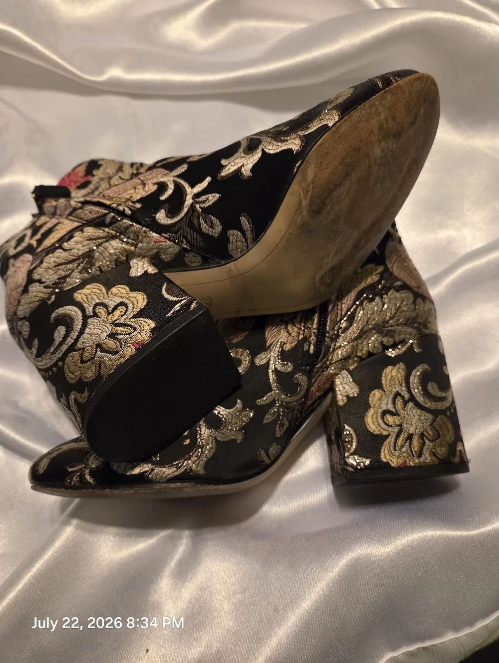 Sam Edelman Black Brocade Floral Ankle Boots with Gold and Pink Embroidery